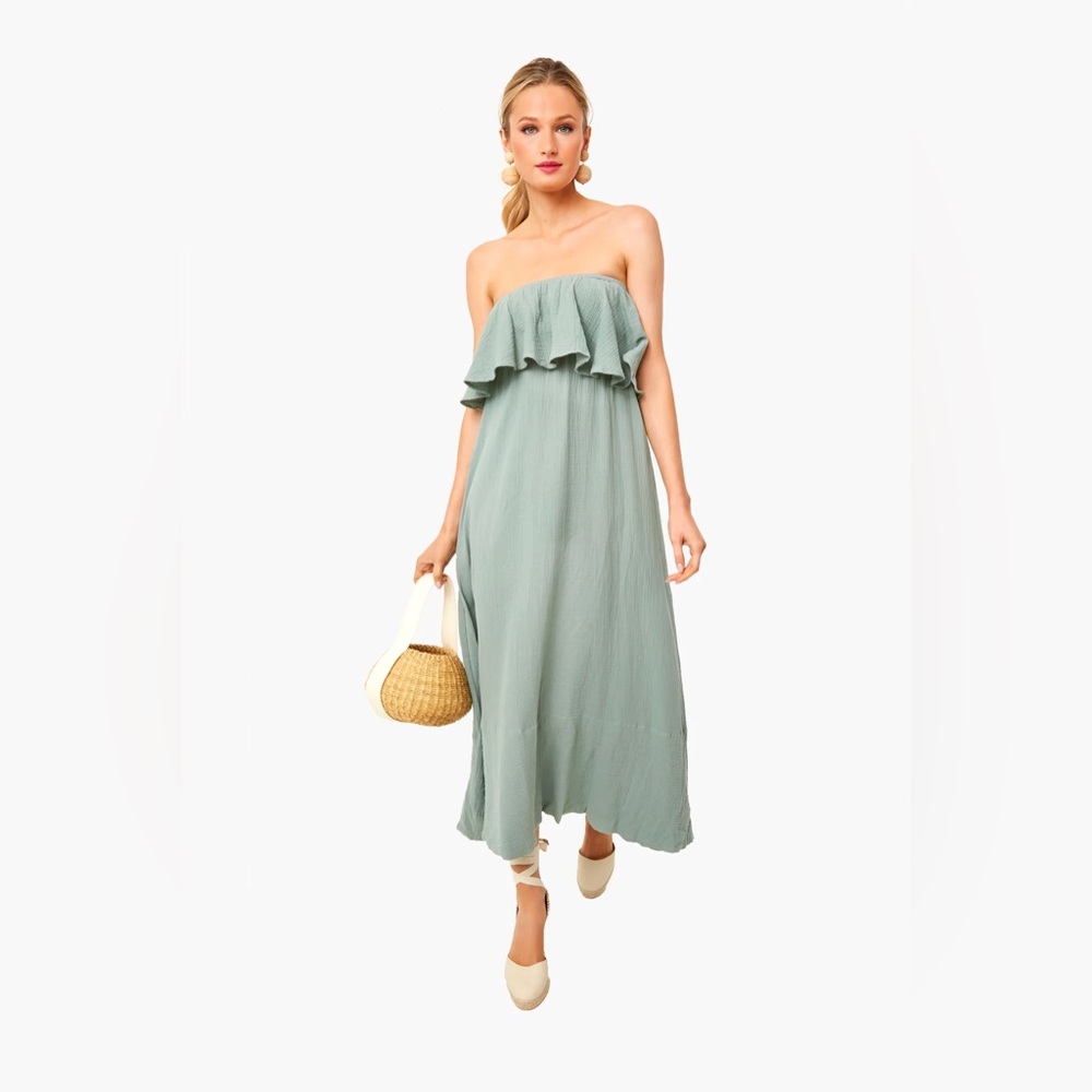 Pomander Place Sage Green Strapless Ruffle Maxi Dress